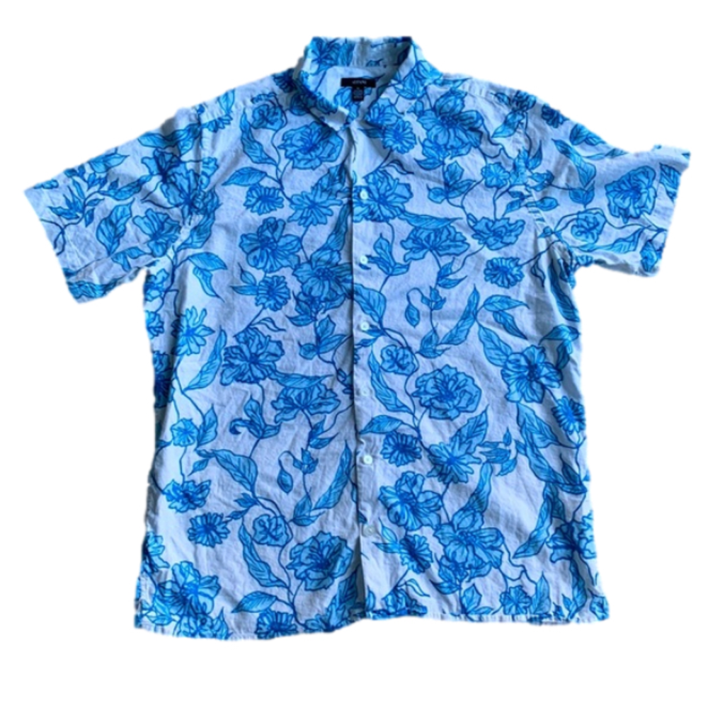 Alfani Linen Blend Short Sleeve Button Up Floral Print Hawaiian Shirt XL